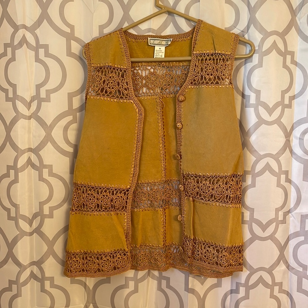 Boho Hippie Vest Leather Yellow Crochet Buttons Lace Like Festival Unusual